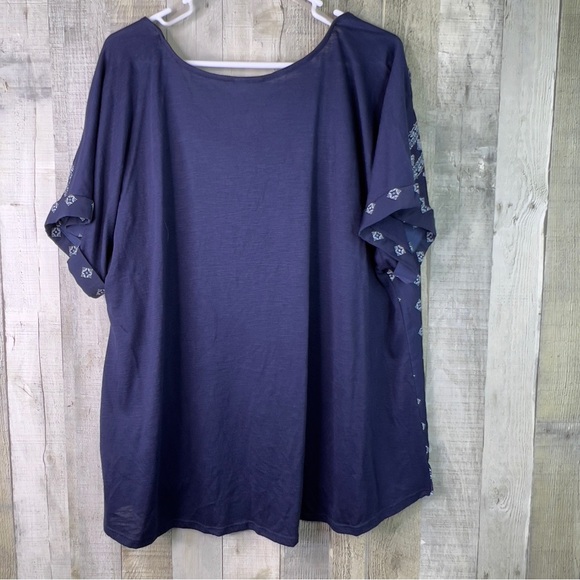 Truself Size 3X V-Neck Boho Short Cap Sleeve Blouse Navy Blue & White - Picture 2 of 8